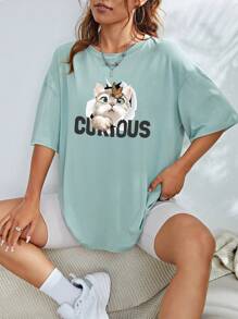 SHEIN EZwear Cat & Letter Graphic Drop Shoulder Tee - Mint Green - View 3