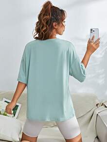 SHEIN EZwear Cat & Letter Graphic Drop Shoulder Tee - Mint Green - View 7