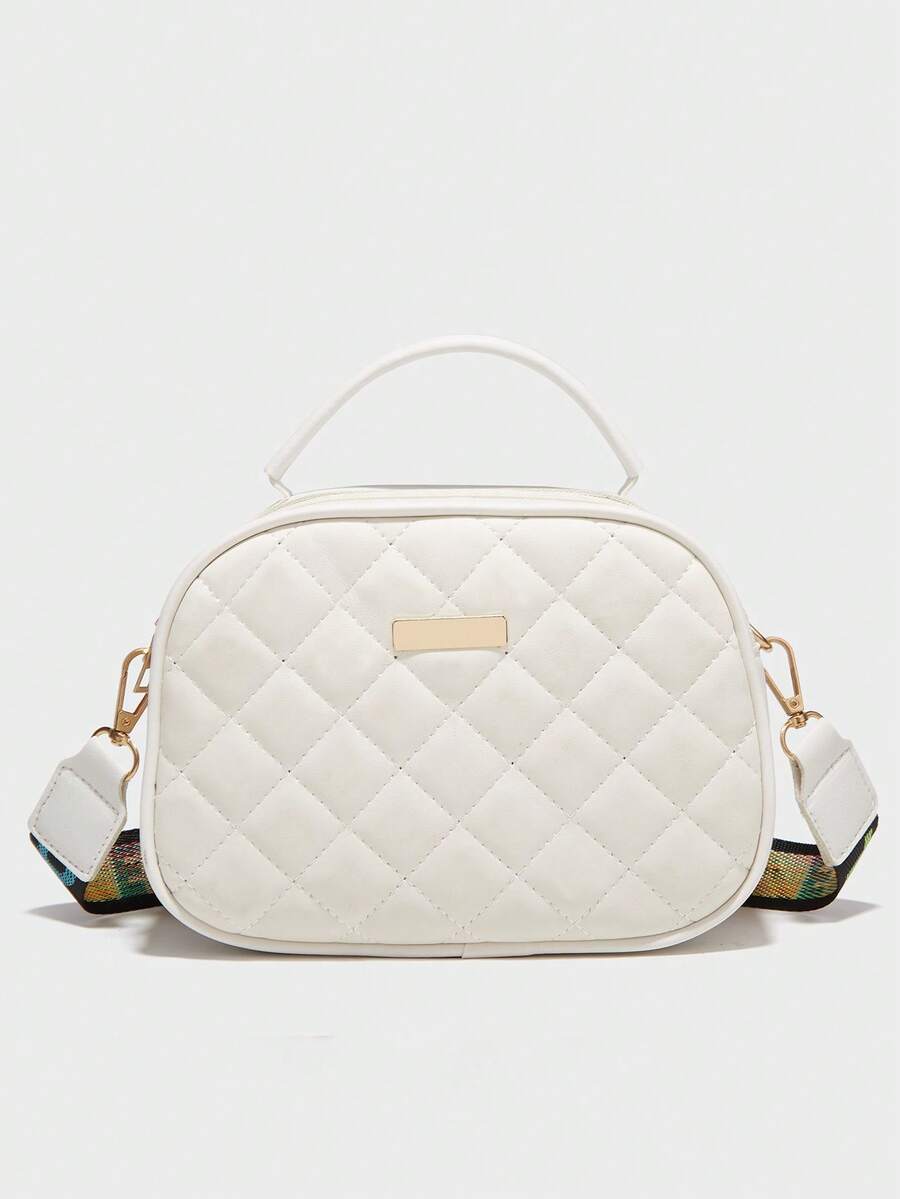 絎縫方形包金屬裝飾PU皮革白色拉鍊 - 白色 - 查看 1