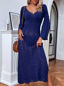 Knit Mix tay áo lá sen Tách đùi Dệt kim chấm bi Đầm Không có bộ đồ lót - Màu xanh lam - Xem 7