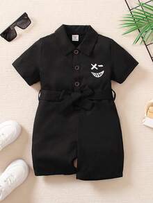 SHEIN Toddler Boys Reflective Cartoon Graphic Romper - Black - View 2