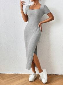 SHEIN Frenchy Vestido de cuello cuadrado de muslo con abertura tejido de canalé - Gris Claro - Ver 3