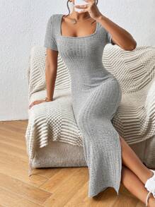 SHEIN Frenchy Vestido de cuello cuadrado de muslo con abertura tejido de canalé - Gris Claro - Ver 4