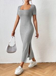 SHEIN Frenchy Vestido de cuello cuadrado de muslo con abertura tejido de canalé - Gris Claro - Ver 6