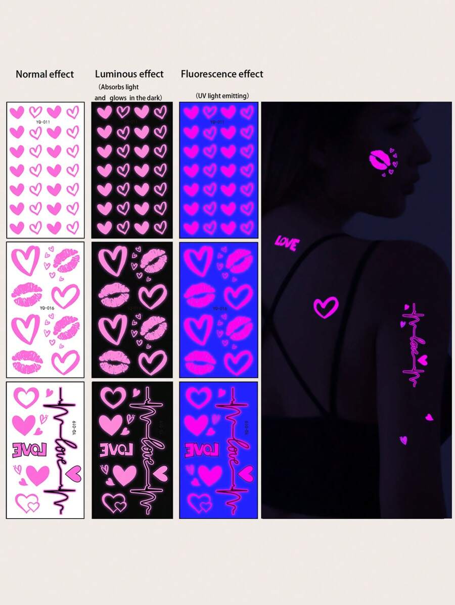 【一組3張】夜光螢光愛情刺青貼清新防水持久模擬個性刺青性感男女刺青貼 - 彩色 - 查看 1