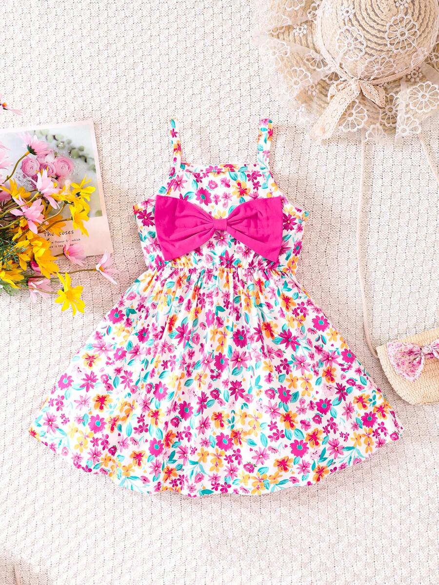 SHEIN 小女童印花前蝴蝶結吊帶連衣裙 - 彩色 - 查看 1