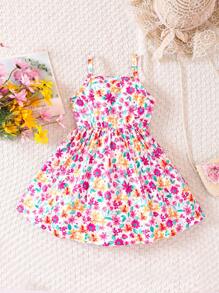 SHEIN 小女童印花前蝴蝶結吊帶連衣裙 - 彩色 - 查看 2