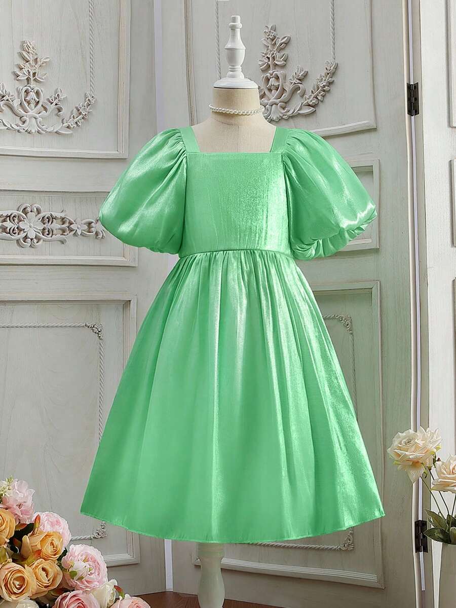 Girls Square Neck Puff Sleeve Dress - Green - View 1