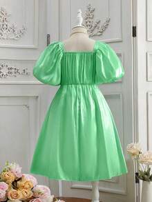 Girls Square Neck Puff Sleeve Dress - Green - View 2