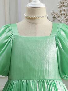 Girls Square Neck Puff Sleeve Dress - Green - View 3