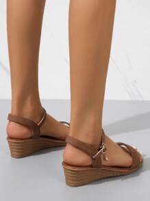 Elegant Ankle Strap Wedge Sandals For Women, Rhinestone Decor Wedge Sandals - Brown - View 4