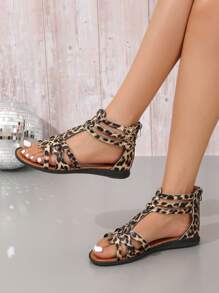 Vacation Gladiator Sandals For Women, Leopard Pattern Flat Sandals - Coffee Brown - View 2