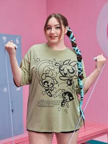 The Powerpuff Girls | ROMWE Áo thun Plus size Hoạt hình Lá thư Giải trí - xanh quân đội - Xem 1