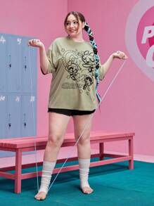 The Powerpuff Girls | ROMWE Áo thun Plus size Hoạt hình Lá thư Giải trí - xanh quân đội - Xem 3