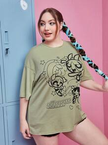 The Powerpuff Girls | ROMWE Áo thun Plus size Hoạt hình Lá thư Giải trí - xanh quân đội - Xem 4