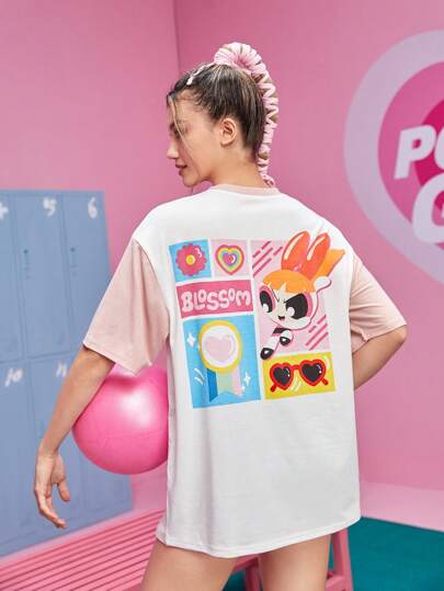 The Powerpuff Girls | ROMWE Drop Shoulder T-Shirt mit Cartoon & Buchstabe Grafik,