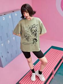 The Powerpuff Girls | ROMWE 卡通圖案落肩T恤 - 軍綠色 - 查看 4