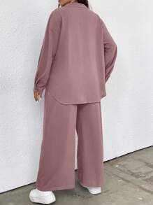 Elenzga Plus Drop Shoulder Shirt & Wide Leg Pants Fall Cloth For Women