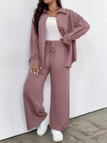 Elenzga Plus Drop Shoulder Shirt & Wide Leg Pants Fall Cloth For Women
