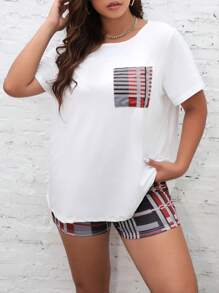 SHEIN LUNE 大碼格紋補丁貼口袋T恤和短褲 - 彩色 - 查看 3