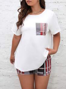 SHEIN LUNE 大碼格紋補丁貼口袋T恤和短褲 - 彩色 - 查看 5