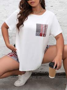 SHEIN LUNE 大碼格紋補丁貼口袋T恤和短褲 - 彩色 - 查看 6