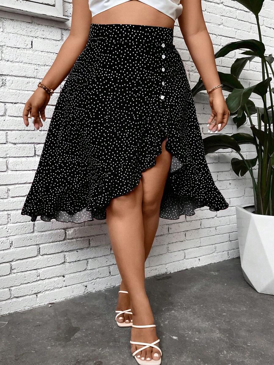 SHEIN Clasi Váy Plus Size Bất đối xứng Viên lá sen Nút phía trước Chấm bi Giải trí - màu đen - Xem 1