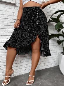 SHEIN Clasi Váy Plus Size Bất đối xứng Viên lá sen Nút phía trước Chấm bi Giải trí - màu đen - Xem 4