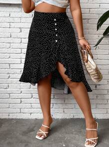 SHEIN Clasi Váy Plus Size Bất đối xứng Viên lá sen Nút phía trước Chấm bi Giải trí - màu đen - Xem 5