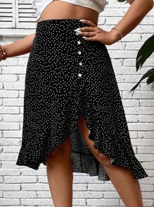 SHEIN Clasi Váy Plus Size Bất đối xứng Viên lá sen Nút phía trước Chấm bi Giải trí - màu đen - Xem 6