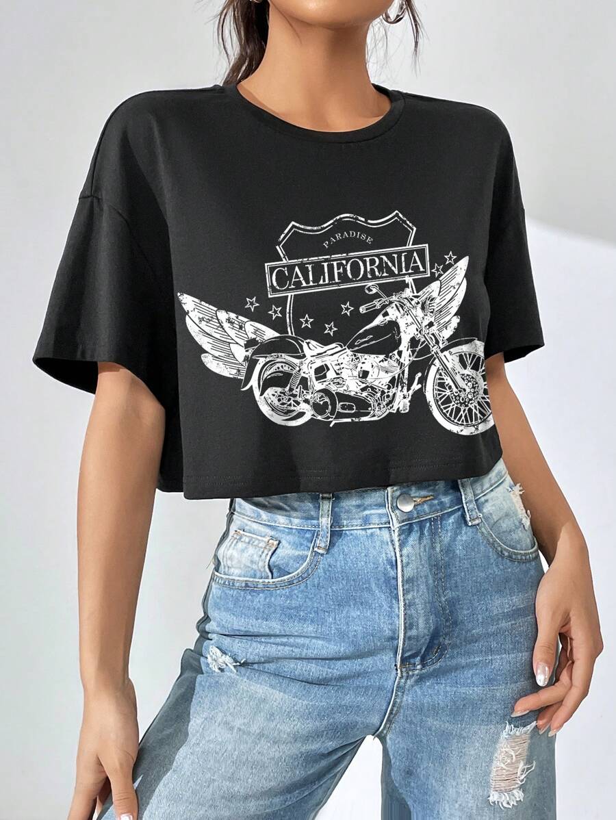 SHEIN Coolane Motorcycle & Letter Graphic Drop Shoulder Tee - Black - View 1