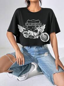 SHEIN Coolane Motorcycle & Letter Graphic Drop Shoulder Tee - Black - View 3
