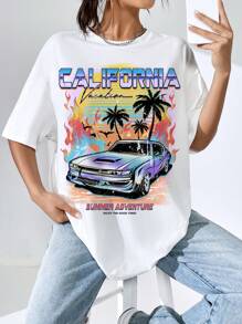 SHEIN Coolane Car And Letter Graphic Drop Shoulder Oversized Tee - White - View 4