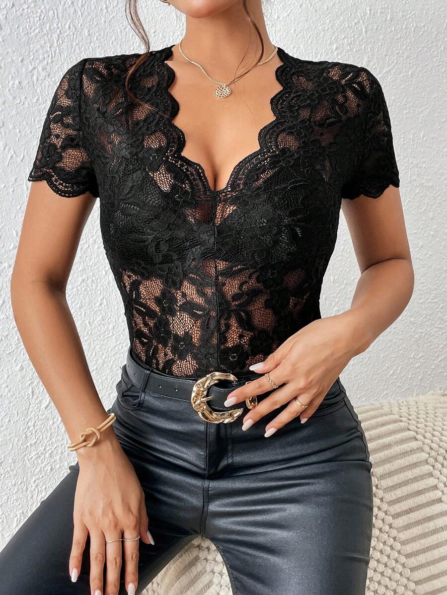 SHEIN Frenchy Áo nữ Sò điệp cắt màu trơn Gợi cảm - màu đen - Xem 1