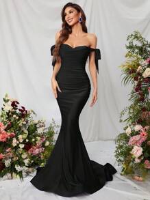 Faeriesty Elegante vestido de noche con hombros descubiertos con tirante de lazo desmontable y cremallera lateral. Vestido de noche de sirena sofisticado para mujeres para eventos de alfombra roja, recepciones de boda, noches de ópera y bailes benéficos. - Negro - Ver 1