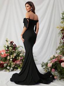 Faeriesty Elegante vestido de noche con hombros descubiertos con tirante de lazo desmontable y cremallera lateral. Vestido de noche de sirena sofisticado para mujeres para eventos de alfombra roja, recepciones de boda, noches de ópera y bailes benéficos. - Negro - Ver 2