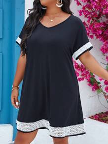 SHEIN LUNE 大碼休閒蕾絲拼接撞色連衣裙 - 黑色 - 查看 5
