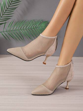Fall/Winter Women Mesh Panel Point Toe Pyramid Heeled Sandals Boots, Fashion Summer Ankle Boots,Boots For Women,Kitten Heels,Party Outfits