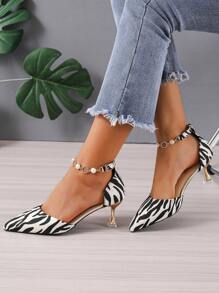 Women Zebra Striped Pattern Faux Pearl Decor Point Toe Pyramid Heeled Ankle Strap Pumps, Fashion Outdoor Pumps,Elegant,Party Outfits - Black and White - View 2