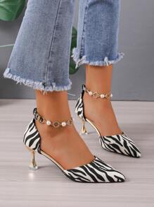 Women Zebra Striped Pattern Faux Pearl Decor Point Toe Pyramid Heeled Ankle Strap Pumps, Fashion Outdoor Pumps,Elegant,Party Outfits - Black and White - View 3