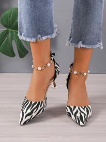 Women Zebra Striped Pattern Faux Pearl Decor Point Toe Pyramid Heeled Ankle Strap Pumps, Fashion Outdoor Pumps,Elegant,Party Outfits - Black and White - View 4