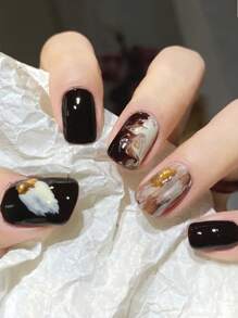 atractivo con 24 piezas corto cuadrado con patrón de mármol cobertura total Uña postiza Set - Multicolor - Ver 1