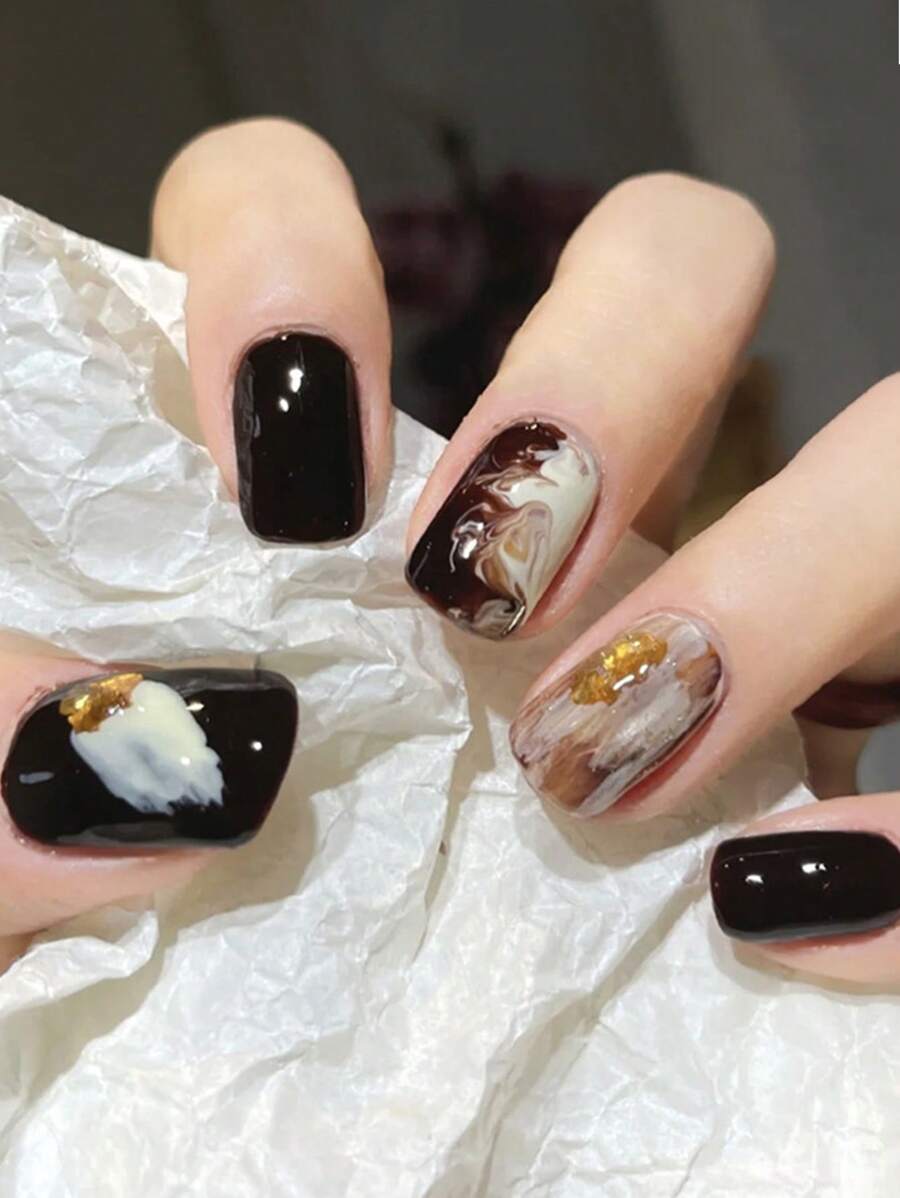 atractivo con 24 piezas corto cuadrado con patrón de mármol cobertura total Uña postiza Set - Multicolor - Ver 1