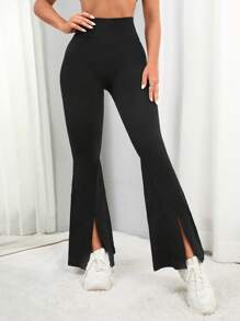 Yoga Basic Split Hem Flare Leg Sports Trousers - Black - View 1