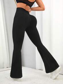 Yoga Basic Split Hem Flare Leg Sports Trousers - Black - View 2