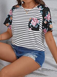 SHEIN LUNE 条纹花卉印花插肩袖夏季 T 恤 - 彩色 - 查看 3