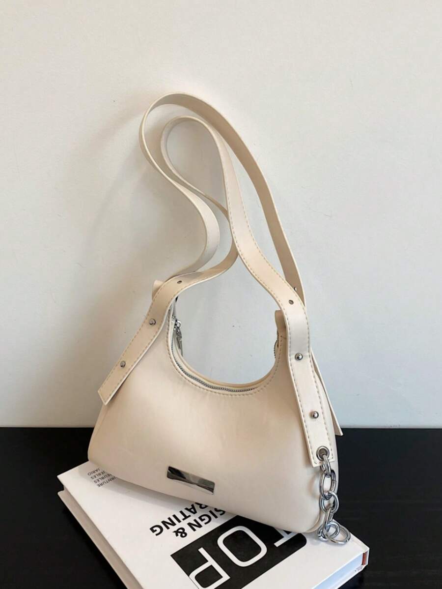 1pc Medium Hobo Bag Metal Decor Studded Detail - Beige - View 1