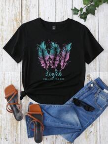 SHEIN LUNE 標語和羽毛印花T恤 - 黑色 - 查看 1