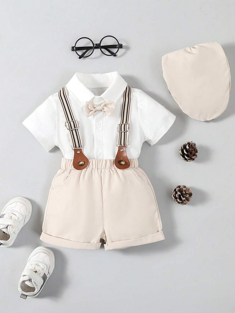男嬰前蝴蝶結襯衫和背帶短褲和帽