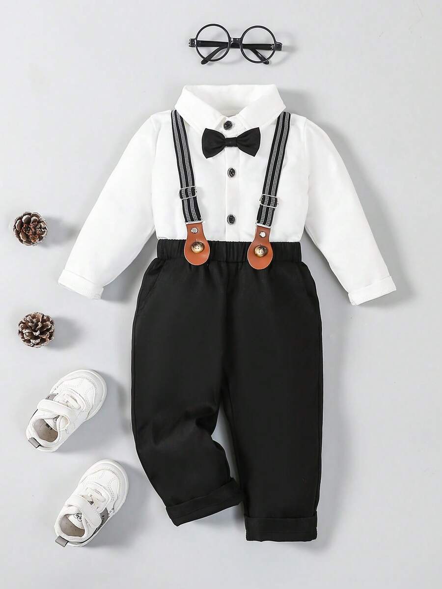 嬰兒前蝴蝶結襯衫和背帶褲 - 黑與白 - 查看 1